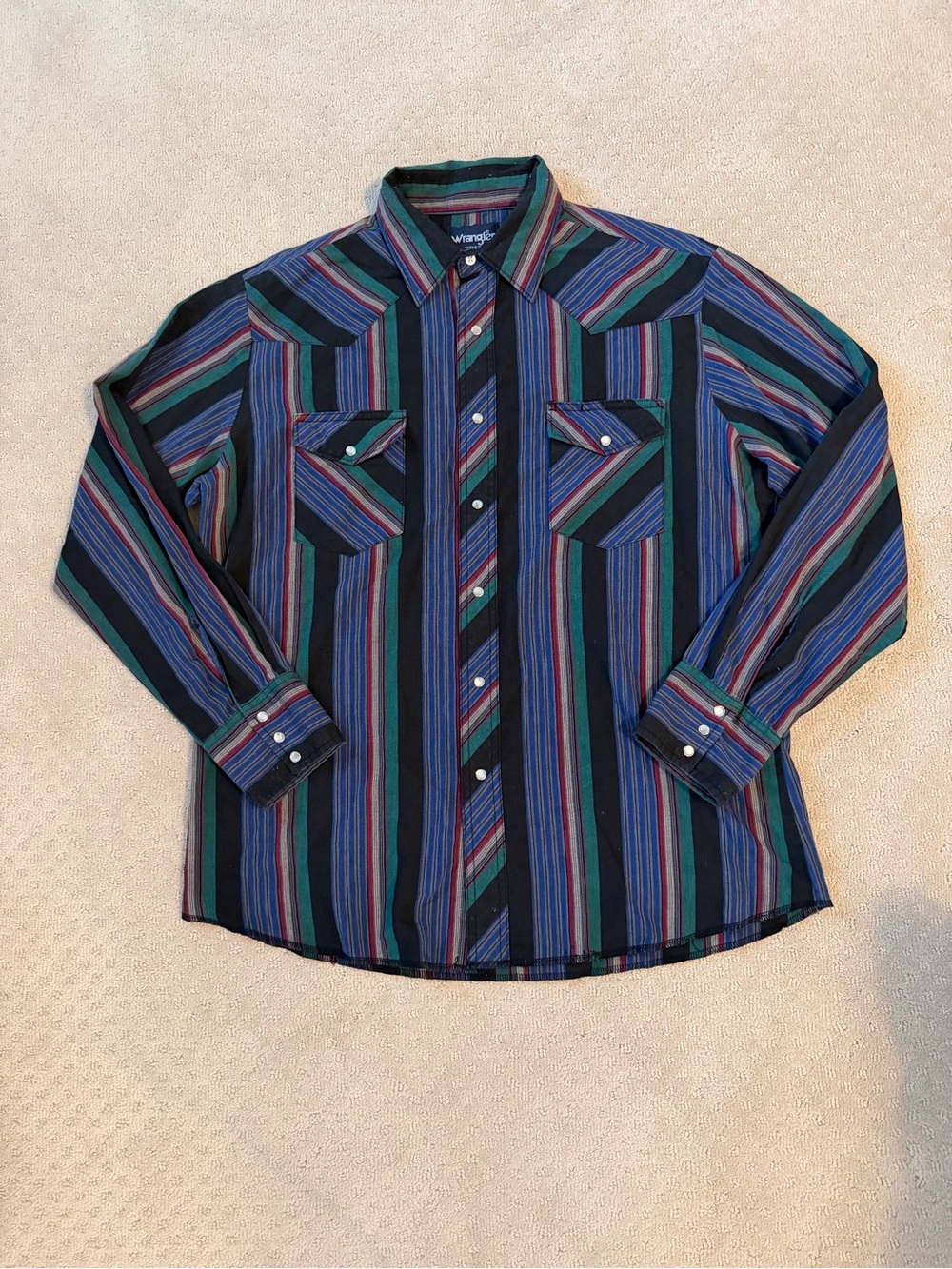VTG Wrangler Pearl Snap Size L Black/Multi Stripe Shirt Western